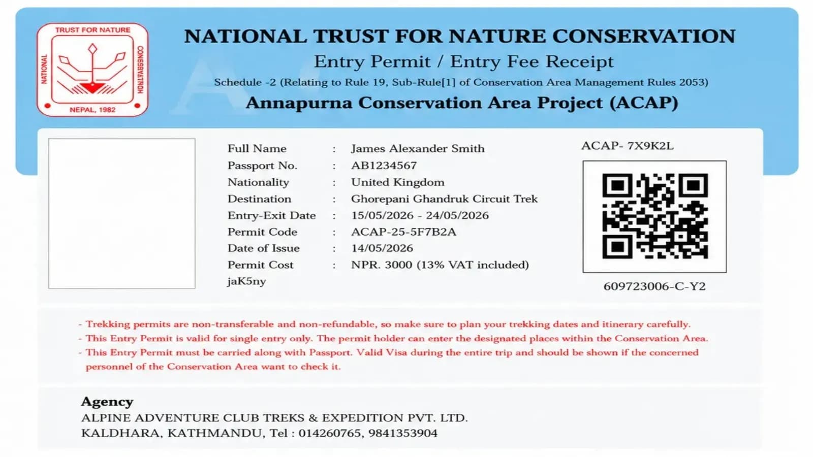 Sample Annapurna Conservation Area Project (ACAP) entry permit for trekkers, showing necessary personal and trip details.
