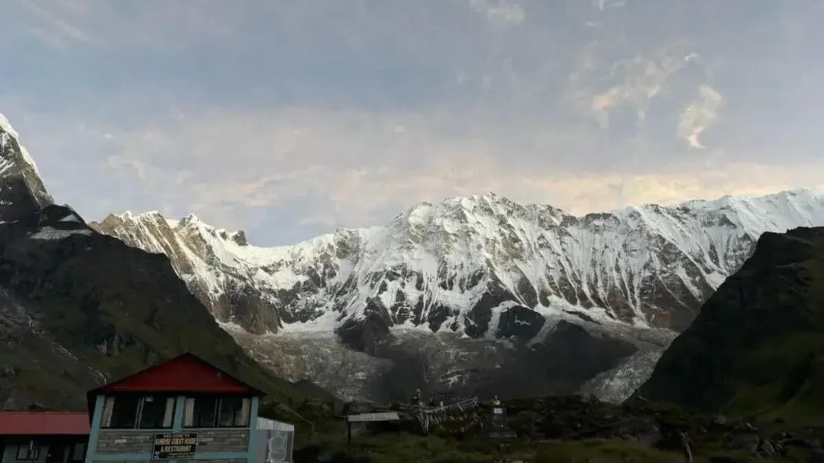 Teahouse lodge at 4130 meters elevation at Annapurna Base Camp surrounded by Himalayan peaks